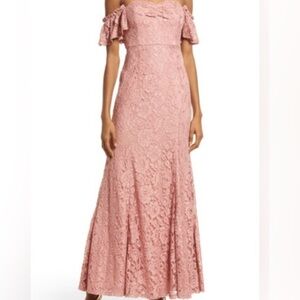 Lulus Swept Up Maeve Pink Lace Off-the-Shoulder Mermaid Maxi Dress Medium